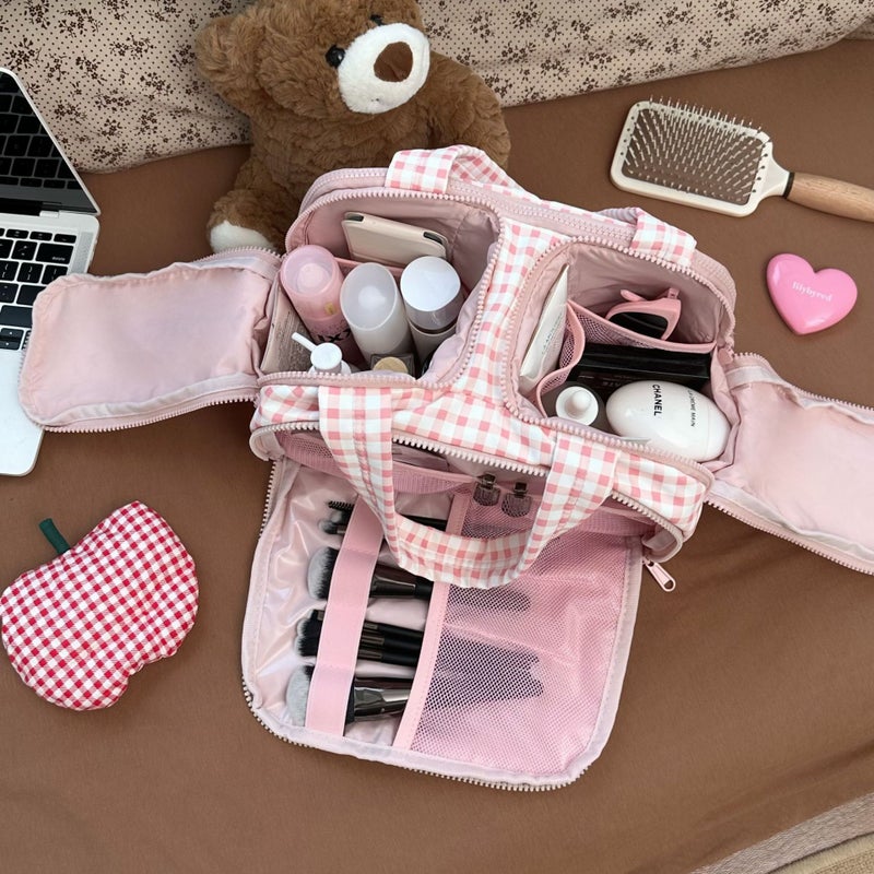 Double Wide Opening And Large Capacity! Fluffy Cosmetic Bag For Women Classy Travel Portable Toiletry Cosmetics Bag - Image 1